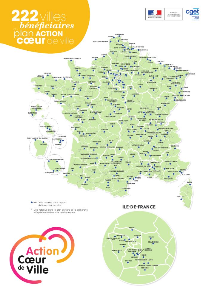 Carte de la liste des villes retenues pour le plan action coeur de France


