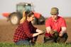 Jeunes agriculteurs examinant une culture de blé au printemps